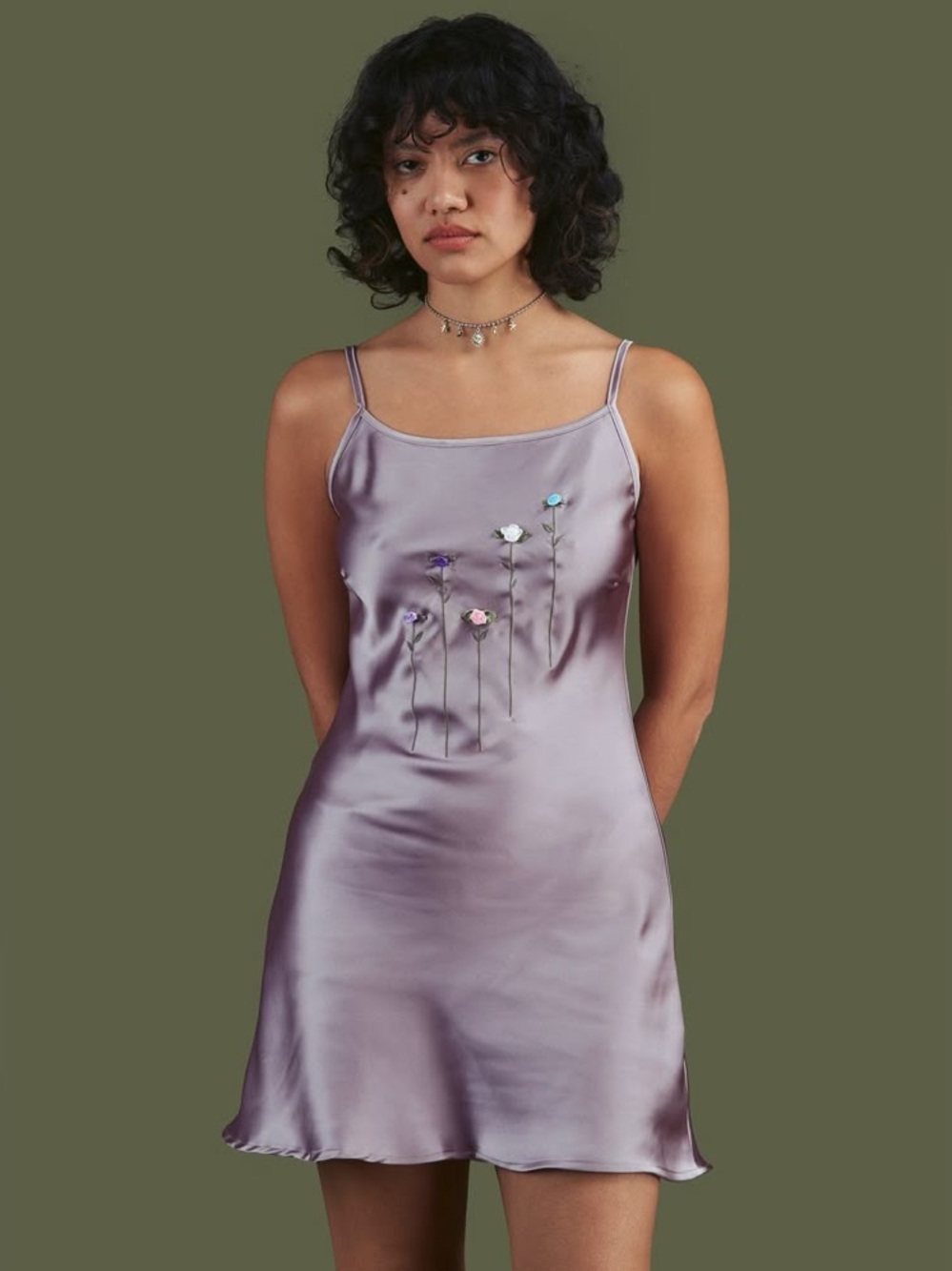 Unif Lavender Satin Slip Dress Embroidery grunge 1990s y2k punk edgy retro flora